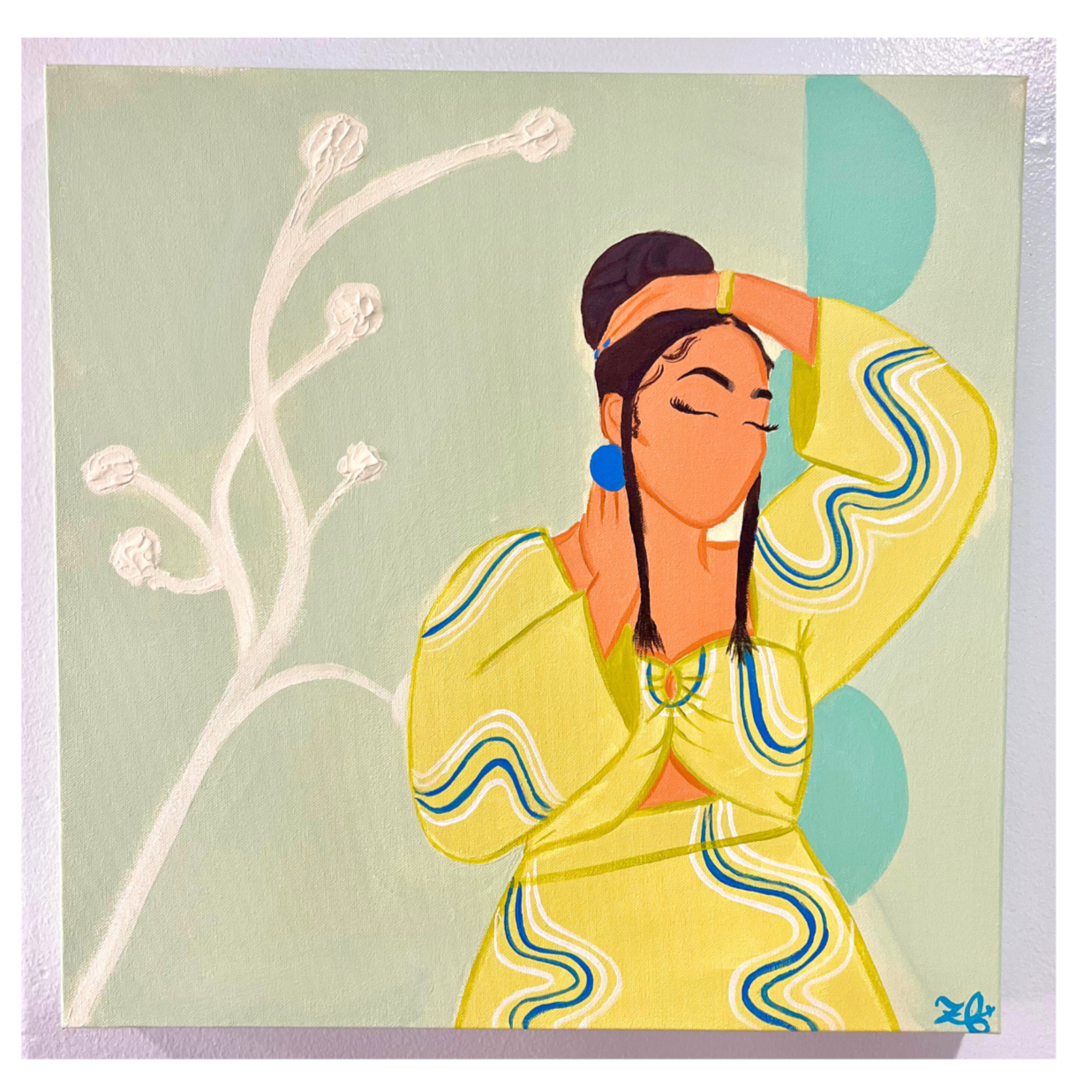 Artistic depiction of a woman in a yellow outfit with a price tag of $150 on a light green background.