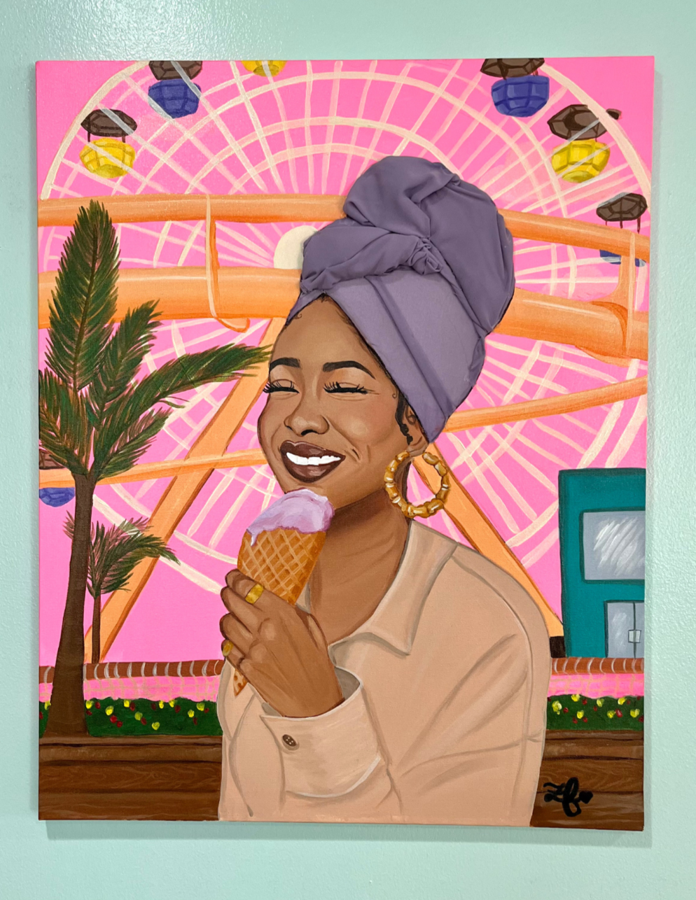 Artistic depiction of a woman with a purple headscarf holding an ice cream cone, with a colorful background.