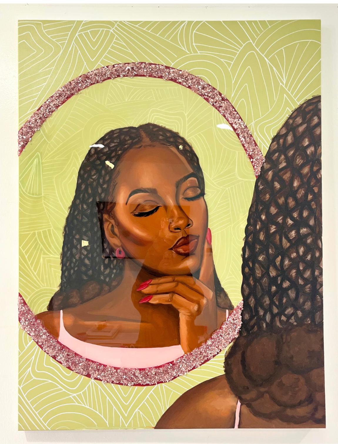 Artistic depiction of a black woman with braided hair on a green background, priced at $450.