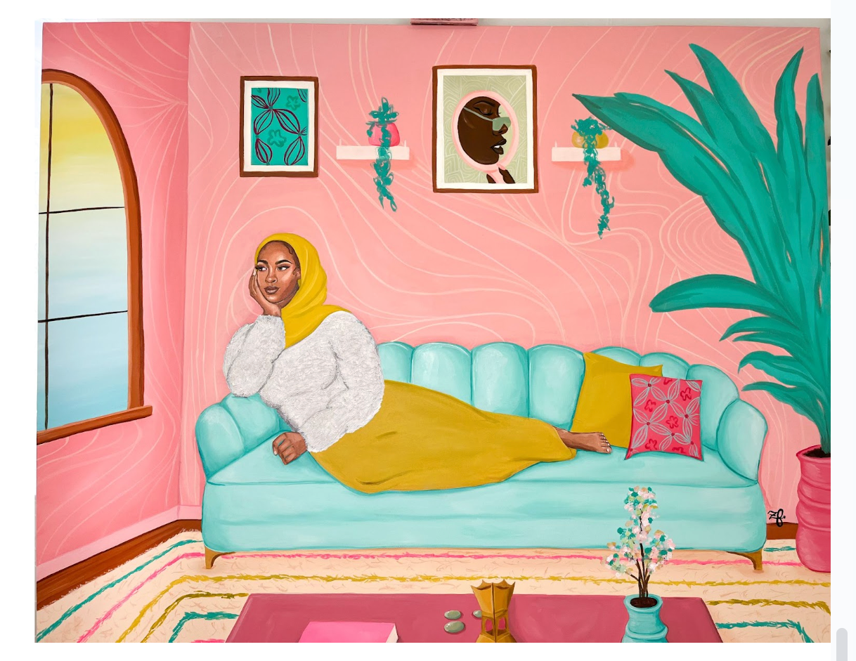 Illustration of a woman sitting on a couch in a colorful room with pink walls and a blue couch.